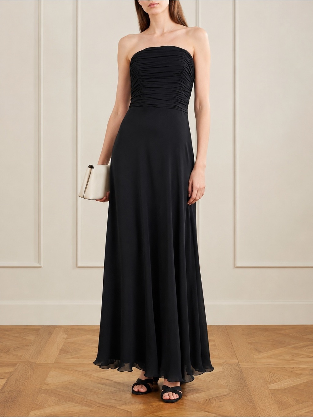 Ralph Lauren 100% Silk Strapless Ruched Evening Gown Maxi Dress Black Sz 4